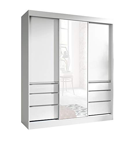 FurnitureByJDM Modern - Kompakt - Schiebetür Kleiderschrank mit Spiegel - Haiti - B: 180cm - H: 216cm - T: 65cm - (Weiß/Weiß) von FurnitureByJDM