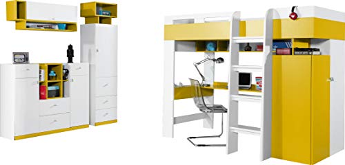 FurnitureByJDM Hochbett/Etagenbett, Zusammensetzung MOBI System 20" mit Schreibtisch und Kleiderschrank. Kinder Möbel-Set. (Weiß/Gelb) von FurnitureByJDM