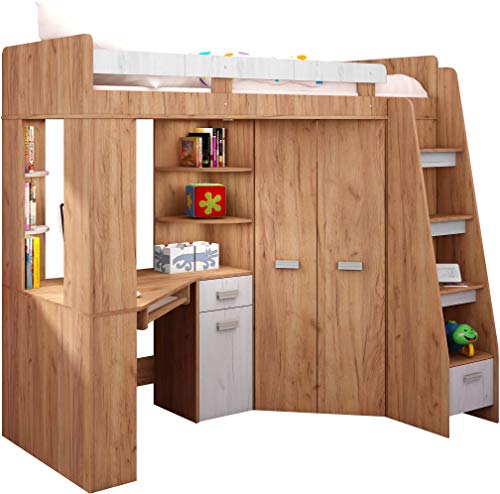 FurnitureByJDM Hochbett mit Schreibtisch, Schubladen, Regalen und Kleiderschrank – ANTRESOLA (Craft Gold/Craft White (Right)) von FurnitureByJDM