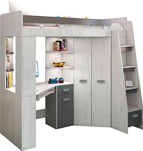 FurnitureByJDM Hochbett mit Schreibtisch, Schubladen, Regalen und Kleiderschrank – ANTRESOLA (Craft White/Graphite (Right)) von FurnitureByJDM