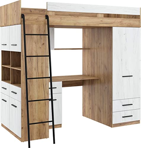 FurnitureByJDM Hochbett mit Schreibtisch, Schubladen, Kleiderschrank und Bücherregal - Level L - (CraftGold/CraftWeiß) von FurnitureByJDM