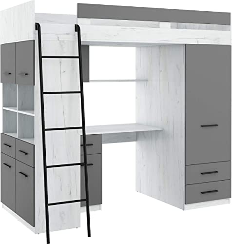 FurnitureByJDM Hochbett mit Schreibtisch, Schubladen, Kleiderschrank und Bücherregal - Level L - (CraftWeiß/Graphit) von FurnitureByJDM