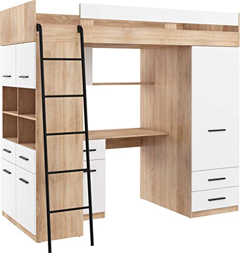 FurnitureByJDM Hochbett mit Schreibtisch, Schubladen, Kleiderschrank und Bücherregal - Level L - (Eiche Sonoma/Weiß) von FurnitureByJDM