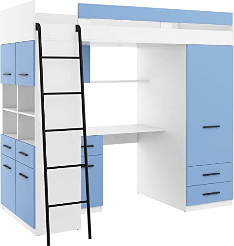 FurnitureByJDM Hochbett mit Schreibtisch, Schubladen, Kleiderschrank und Bücherregal - Level L - (Weiß/Himmelblau) von FurnitureByJDM
