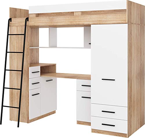 Hochbett mit Schreibtisch, Schubladen, Kleiderschrank und Bücherregal - SMYK L - (Eiche Sonoma/Weiß) von FurnitureByJDM