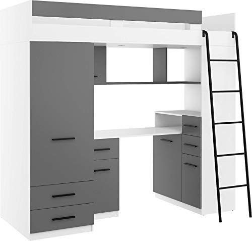 Hochbett mit Schreibtisch, Schubladen, Kleiderschrank und Bücherregal - SMYK R - (Weiß/Graphite) von FurnitureByJDM