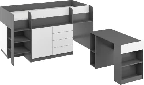 FurnitureByJDM Kompaktes, Modernes Hochbett mit Schreibtisch, Schubladen und Bücherregal – Smile L – (Graphit/Weiß) von FurnitureByJDM