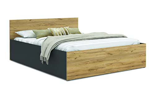 Schlafzimmer Bett mit Bettzeug Aufbewahrung – Möbelplatte – Hochgezogener Lattenrost – Panama – 120/140/160/180 x 200 – (Grau/Eiche Craft, 120 x 200) von FurnitureByJDM