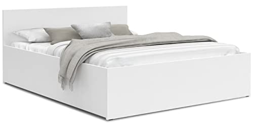 Schlafzimmer Bett mit Bettzeug Aufbewahrung – Möbelplatte – Hochgezogener Lattenrost – Panama – 120/140/160/180 x 200 – (Weiß, 140 x 200) von FurnitureByJDM