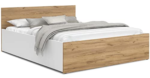 Schlafzimmer Bett mit Bettzeug Aufbewahrung – Möbelplatte – Hochgezogener Lattenrost – Panama – 120/140/160/180 x 200 - (Weiß/Eiche Craft, 120x200) von FurnitureByJDM