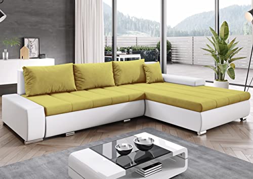 Furnix Ecksofa Tommaso mit Schlaffunktion Bettkasten - Couch Sofa Kissen - L-Form Sofa, Stellfüße Chromoptik - B297 x T210 x H85 cm, Liegefläche 255 x 150 cm - MA120-CO120 (gelb/weiß) von Furnix