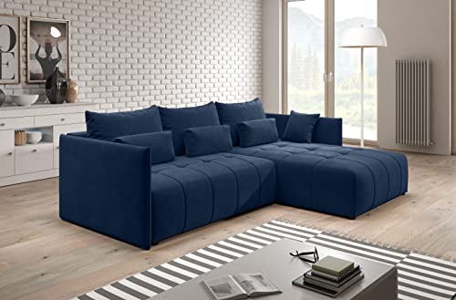 Furnix Ecksofa Yalta mit Schlaffunktion und Bettkasten - Couch L-Form Sofa mit Kissen - Stellfüße in Chromoptik - B245 x H83 x T182 cm, Liegefläche: 147 x 232 cm - MH77 (Dunkelblau) von Furnix