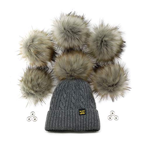 Furryvalley Kunstfell-Bommel, flauschige Bälle für Hüte, Schuhe, Schals mit Druckknopfverschluss, abnehmbares Strickmützen-Zubehör, 15,2 cm, extra groß (grau-braune Spitze), 6 Stück von Furryvalley