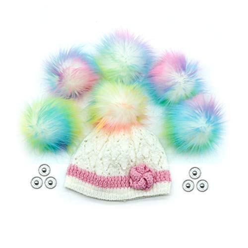 FurryValley Pompon Kunstfell 6 Stück Stricksets Handarbeiten DIY Handwerk Bälle für Strickmütze Schuhe Schals mit Druckknopf abnehmbar Häkeln Stricken Zubehör 11cm (Bunt) von Furryvalley