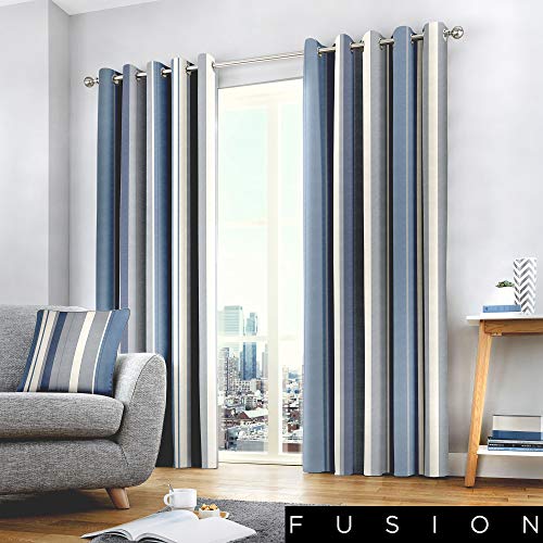 Fusion Whitworth Stripe Vorhänge mit Ösen, gestreift, 100% Baumwolle, 117 x 137 cm, 1 Paar Übergardinen, Blau von Fusion