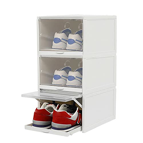 Schuhboxen 3er Set stapelbarer Schuhorganizer Kunststoff Schuhkarton Schuhaufbewahrung mit durchsichtiger Tür Schublade Box (L | 33,2 * 25,8 * 18,3 cm) von Futchoy