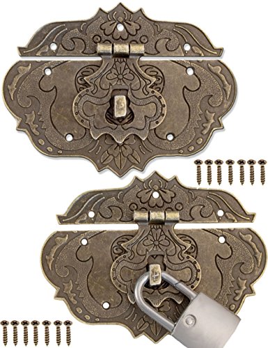 FUXXER® - 2x Antik-Verschlüsse, Bronze Eisen Design, Möbel-Verschlüsse, Beschläge für Vorhänge-Schloss Schlösser an Truhen Kisten Schieber, 95 x 73 mm inkl. Schrauben, 2er Set von Fuxxer