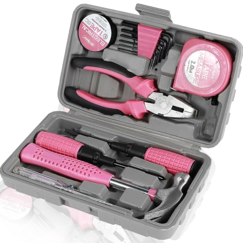Fyeme Haushaltswerkzeug Mini Werkzeug-Set DIY Werkzeugkoffer Kleiner Werkzeugkoffer gefüllt mit Pinken Werkzeugen für Reparatur (13tlg) von Fyeme