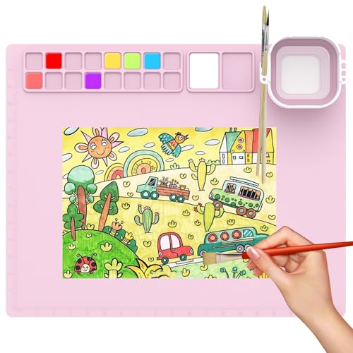 Malmatte Silikon Kinder Silicone Painting Mat 50 X 40 CM mit Pigmentbereich und Bürstenhalter Wasserbecher Mit Messskala Silikonmatte für Kunsthandwerk Bastelunterlage Silikon Kinder (Rosa) von Fyeme