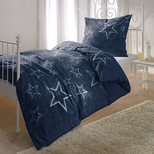 G Bettwarenshop Biber Bettwäsche Sterne blau 1 Bettbezug 155 x 200 cm + 1 Kissenbezug 80 x 80 cm von G Bettwarenshop