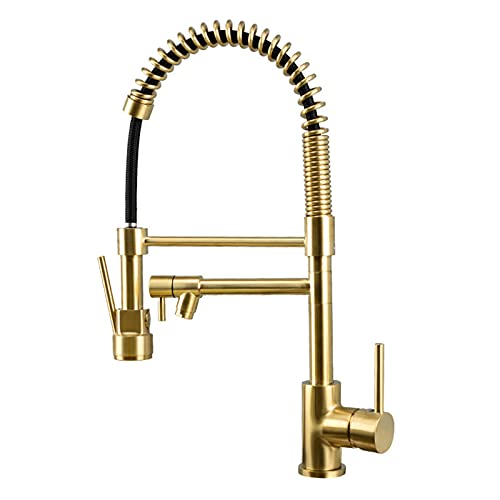 Contemporary Kitchen Sink Faucet, Single Handle Brass Spring Kitchen Faucet with Pull Down Sprayer, Rotatable Pull-Out Kitchen Mixer Tap, Brushed Gold von GALSOR