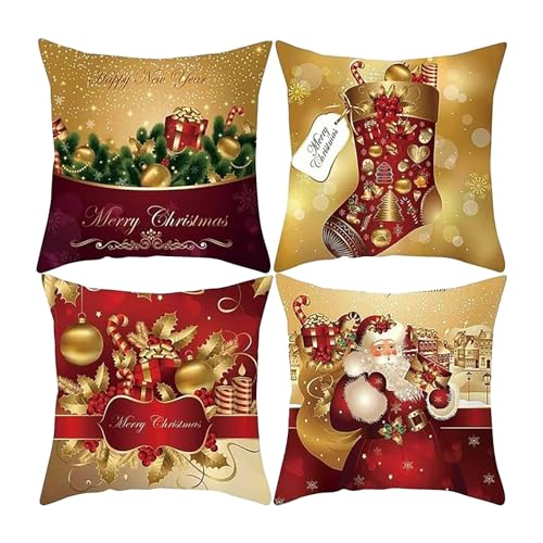 Weihnachten Deko Kissenbezug 4er Set Kissenbezüge Wohnzimmer Dekokissen Weihnachten Deko Kissen Sofakissen Plüschkissen für Home Sofa Garten Schlafzimmer (Z62-Pink, One Size) von GBEN