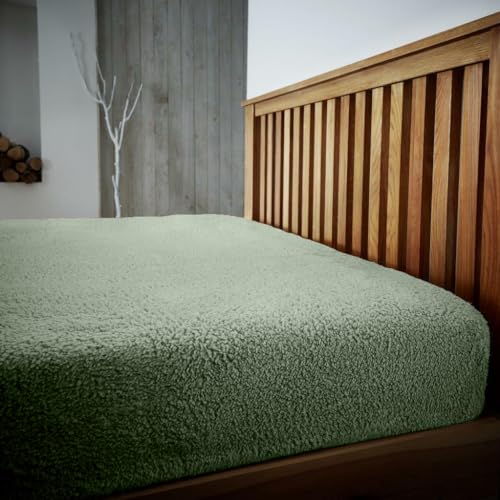 Teddy-Fleece-Spannbetttuch, Thermisch, warm, elastisch, für Doppelbett, waschbar, 100% Polyester, Flauschiges Spannbetttuch, Salbeigrün von GC GAVENO CAVAILIA