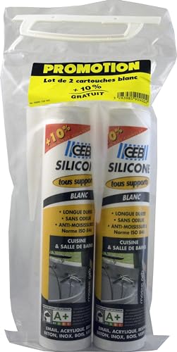 GEB Silikon-Dichtstoff für alle Untergründe, langlebig, geruchlos und schimmelresistent, Farbe Weiß, 280 ml + 10% kostenlos, 2 Stück von GEB