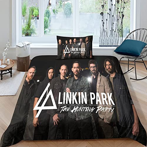 Linkin Park 3D Print Muster Kinder Bettbezug Rock 'n' Roll Bettbezug Und Zwei Kissenbezug,3D Musik Digital Print,Mikrofaser Mit Reißverschluss Set einfach（135x200cm） von GENBAK