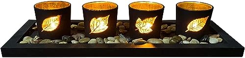 GENCAM Kerzenständer Teelichthalter, 4 Teelichter mit Holz Tablett, Kreatives Set aus Holz Home Buchstabenkerzenhalter, Das Beste Dekoration für Landhaus Esstisch (Laub) von GENCAM