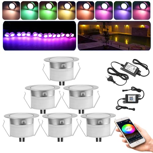 6er Bluetooth Led Bodeneinbaustrahler RGBWW Außen, Ø45mm Dimmbar Led Bodenspots Außen Terrassen Bodeneinbauleuchten Treppen Einbaustrahler, DC12V IP67 Wasserdicht Terassenbeleuchtung (RGB + Warmweiß) von GEYUEYA Home