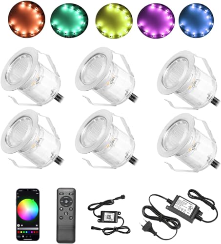 6er WIFI LED Bodeneinbauleuchten RGB terrassenbeleuchtung kompatibel mit Alexa, Google Home,DC12V Ø30mm 0.6W IP67 Wasserdicht LED Einbaustrahler Terrassen Full Kit von GEYUEYA Home