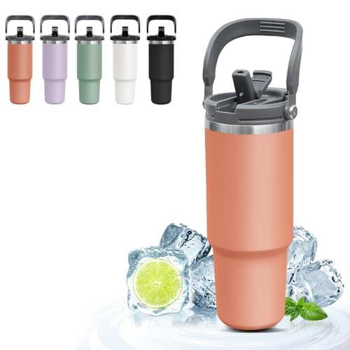 GEYUEYA Home 900ml Thermobecher mit Deckel und Strohhalm, Edelstahl Thermal Mug Trinkbecher Personalisierte Thermobecher Coffee to go Autobecher Isolierbecher Für Kalte Heiße Getränke(Orange) von GEYUEYA Home