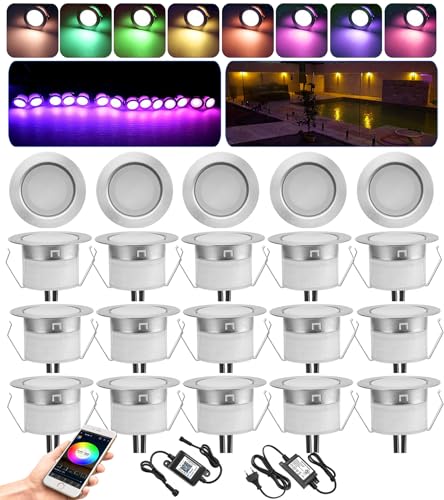 GEYUEYA Home 20er RGBWW Bodeneinbaustrahler Bluetooth Außen, Ø45mm 12V Terrasenbeleutung Einbaustrahler Dimmbar Außen Bodenspots RGB Bodeneinbauleuchten, IP67 Wasserdicht (RGB + Warmweiß) von GEYUEYA Home