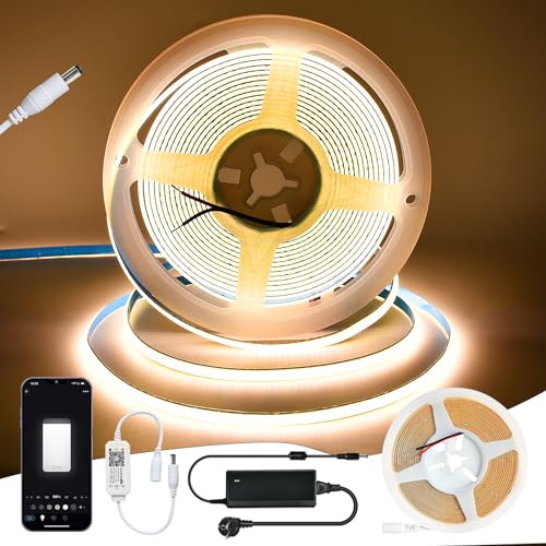 WIFI COB Led Streifen Alexa, 12V 3000K COB Led Strip 5m Warmweiß Led Lichtband Dimmbar, Hohe Helligkeit, 400LEDs/M, APP Steuerbar, Selbstklebend Led Lichtleiste Küche Kompatibel mit Alexa Google Home von GEYUEYA Home