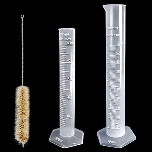 Kunststoff Messzylinder 50ml, 100ml Messbecher 2 Stk Transparent Graduierung für DIY und Wissenschaftliche Laboratorien mit 1 Reinigungsbürsten von GIAK