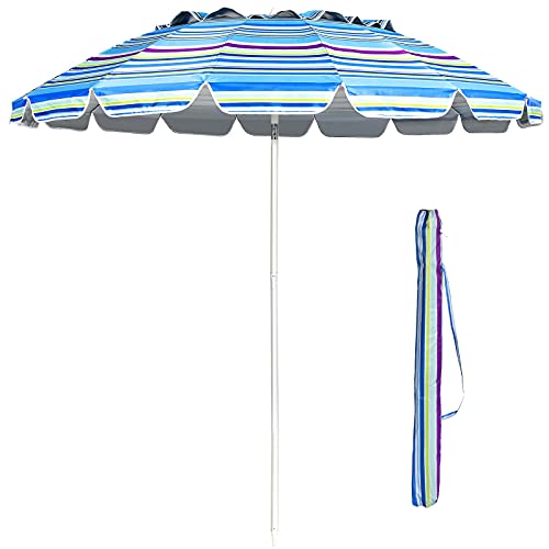 GIANTEX 243 cm Sonnenschirm, Strandschirm mit Verankerung, neigbarer Gartenschirm Terrassenschirm, Marktschirm mit Tragetasche, Schirm rund Sonnenschutz UV50+ (Bunte Streifen) von GIANTEX