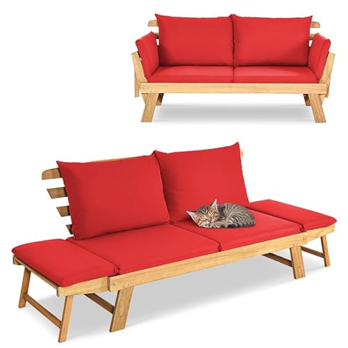 GIANTEX Liegesofa mit klappbaren Seitenlehnen, Gartenbank Sitzbank mit Auflagen, Sonnenliege Gartenliege aus Akazienholz, Multifunktionsbank Balkonbank Parkbank Gartenmöbel, grau/beige (rot) von GIANTEX