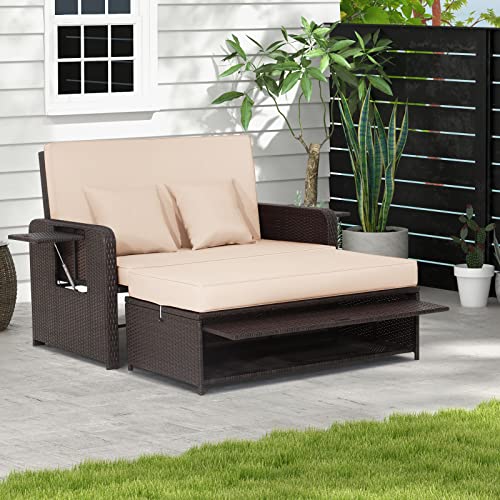 GIANTEX Rattan Lounge Möbel Set Outdoor, Rattan Sofa 2 Sitzer mit Schlaffunktion, Gartensofa mit Hocker, Garten Doppelliege mit Seitenablagen, Gartenlounge Loungebett platzsparend mit Stauraum von GIANTEX