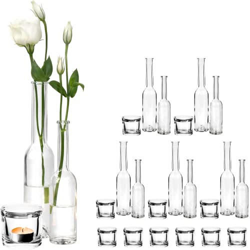 GIESSLE 24 teiliges Tischdeko Set mit 12x Windlicht Teelicht Glas und 12x Vasen Väschen Blumenvase von GIESSLE