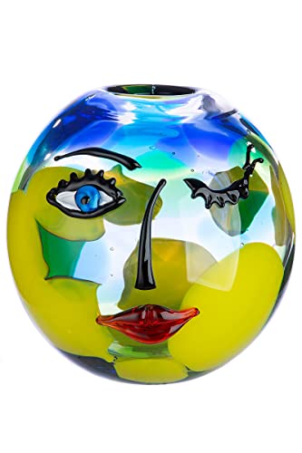 GILDE GLAS art Deko Vase - Gesichtsvase aus Glas - Kunstobjekt Kugelvase Blumenvase Glasvase - Farbe: Blau Gelb Höhe 24 cm Ø 25 cm von GILDE GLAS art