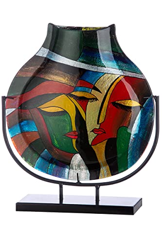 GILDE GLAS art Deko Vase auf schwarzem Metall Ständer - Gesicht Face - Kunstobjekt handbemalt - Mehrfarbig Höhe 40 cm von GILDE GLAS art