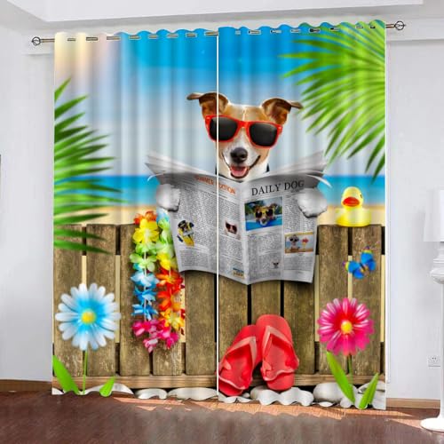 GIOVIA 3D Jack Russell Terrier Gardinen Abdunkelnde Strand Hund Kindervorhänge Vorhang mit ösen 2er Set Vorhänge Blickdicht Verdunkelungs für Kinderzimmer Schlafzimmer Wohnzimmer B 200 X H 160 cm von GIOVIA
