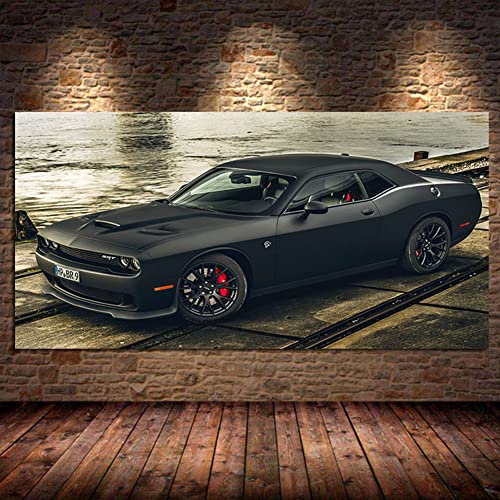 GIVROLDZ Supercar Poster Dodges Challenger Hellcat Schwarz AutoFahrzeug Bild Leinwand Malerei Wandkunst Wohnzimmer Dekoration,70x140cm von GIVROLDZ