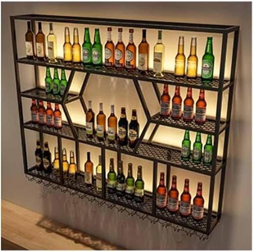 Wandmontiertes LED-Weinregal, Flaschen- und Glashalter, Metall, schwebende Regale, zum Aufhängen, Kelch für Zuhause, Restaurant, Bars (Größe: 150 x 20 x 125 cm) von GJVBGA
