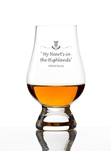 Offizielles Glencairn Scottish Whisky Glas mit Gravur "My Heart is in The Highland's" Robert Burns Zitat, hergestellt in Schottland von GLENCAIRN