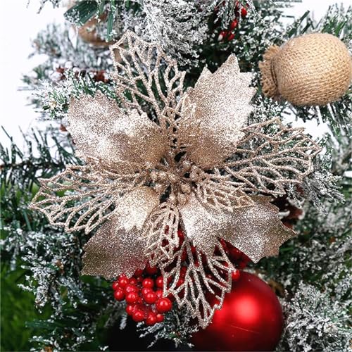 GLITZFAS 12 Stück Glitter Weihnachtsbaum Dekoration, Weihnachtsbaumschmuck Ornament Weihnachten Blumen Dekor, Christbaumanhänger (Champagner,9 cm) von GLITZFAS