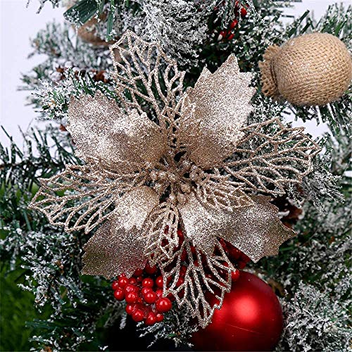GLITZFAS Weihnachtsbaumschmuck, 12Stk 16cm Weihnachtsstern Glitzer Weihnachten künstliche Blume für Weihnachten Weihnachtsbaum Kranz Garland Ornament Party Dekoration (Champagner) von GLITZFAS