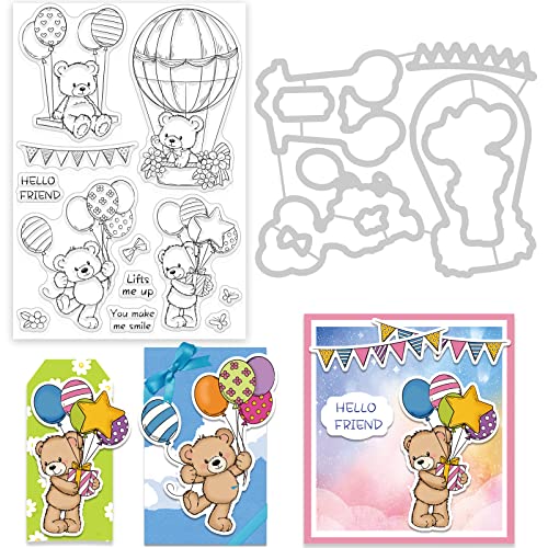 GLOBALES LAND 2 STÜCK Bär und Ballon Klare Stempel und Metallstanzungen Set für DIY Scrapbooking Dekoration Blumenpuppe Transparente Stempel für Karten DIY Schnittschablonen für Fotoalbum Dekor von GLOBLELAND