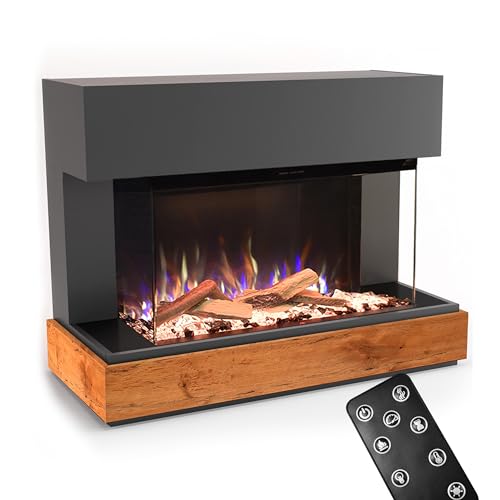 GLOW FIRE Kaminofen Curie mit realistischem 3D E-Motion LED-Feuer - Stand-Elektrokamin mit Heizung und Kaminfeuer, Knistereffekt & Timer, max. 1500 W, 114x89x53, Grau von GLOW FIRE